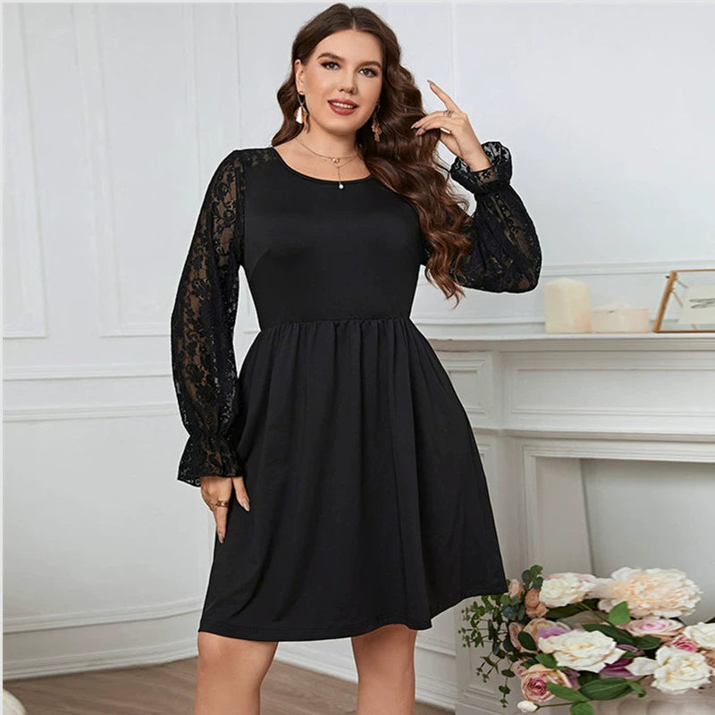 Sexy Lace Stitching Long Sleeve Round Neck Black Dress