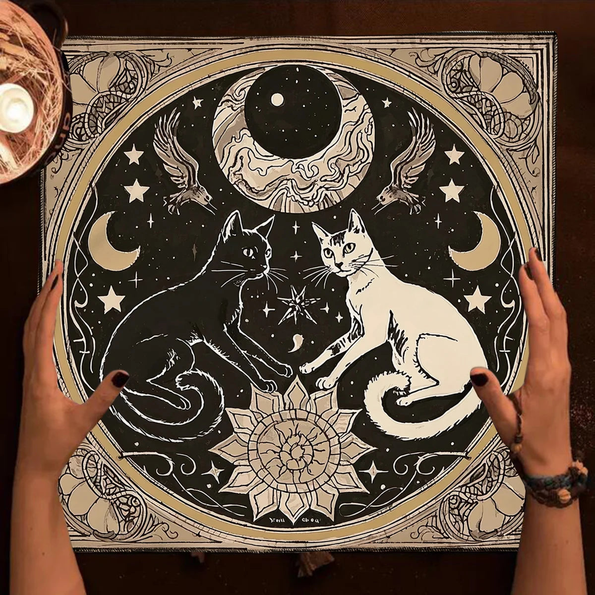 Mystical Moon Cats Altar Cloth With Floral Starry Sky Divination Tarot Table Cloth Witch Home Decor  Tarot Mat Game Card Pad