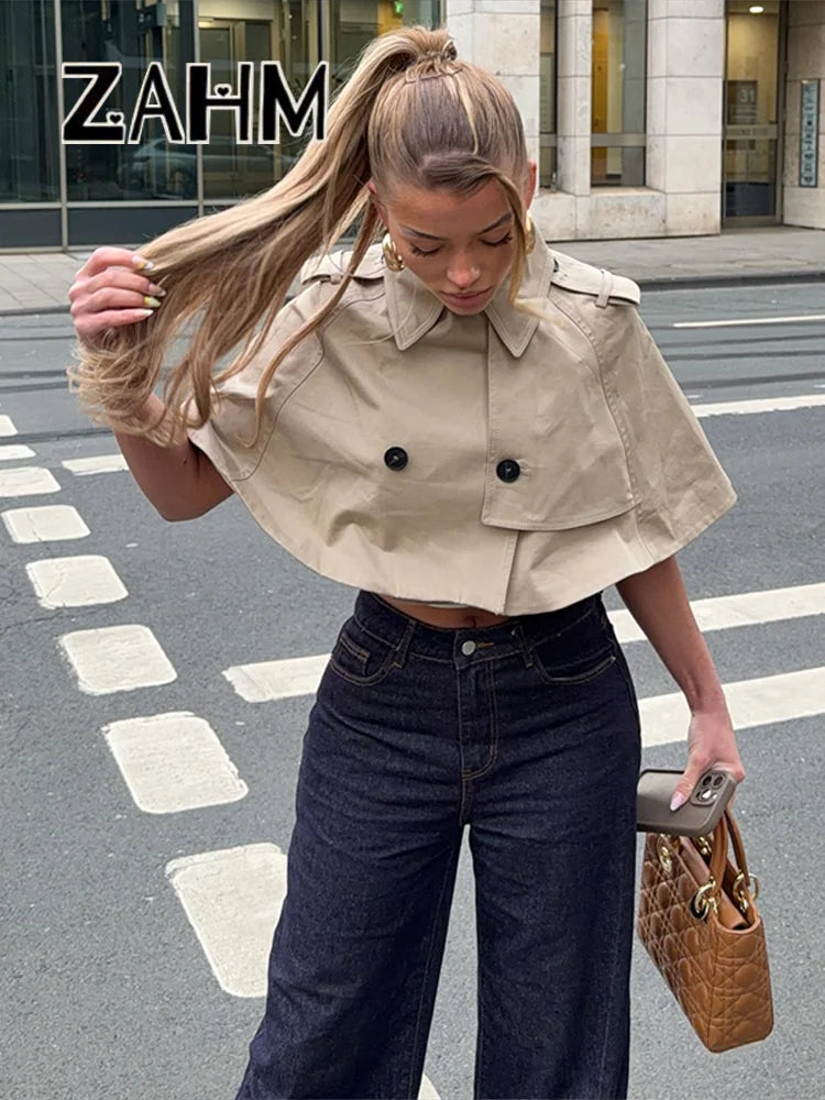 Casual Solid Women's Cope Turn-Down Collar Double Button Solid Lady Cloak 2026 Spring Summer Fashion Female Street Crop Tops New