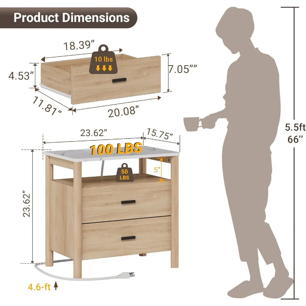 24" Large Modern Nightstand with Faux Marble Top, 2 Drawers and Charging Station, Set of 2