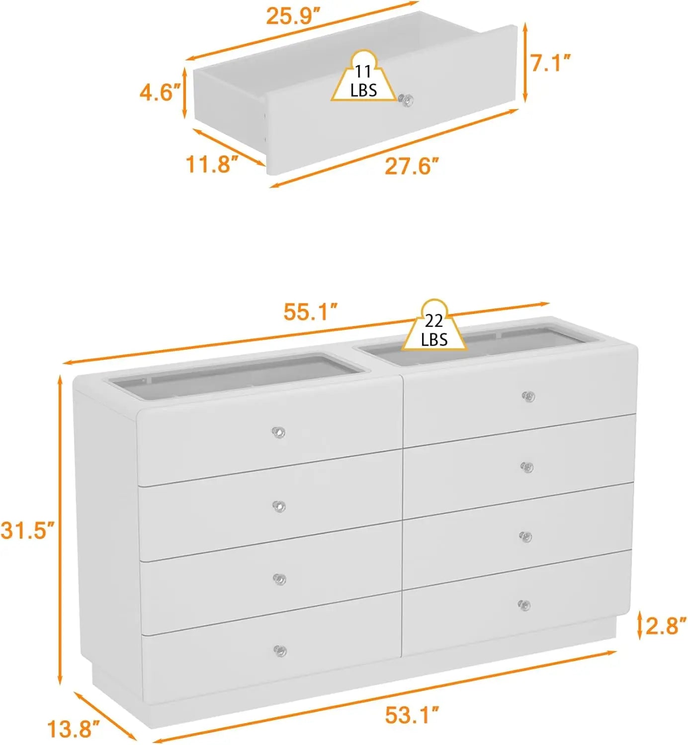 White Modern Wood 53" Dresser w/Glass Top & 8 Drawers