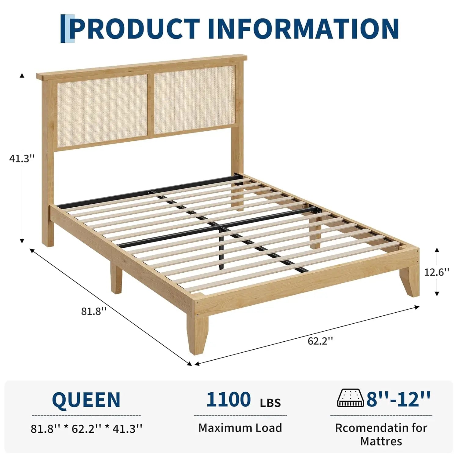 Queen Size Rattan Bed Frame With LED Light & Natural Headboard, Boho, Storage Space Underneath, Sturdy