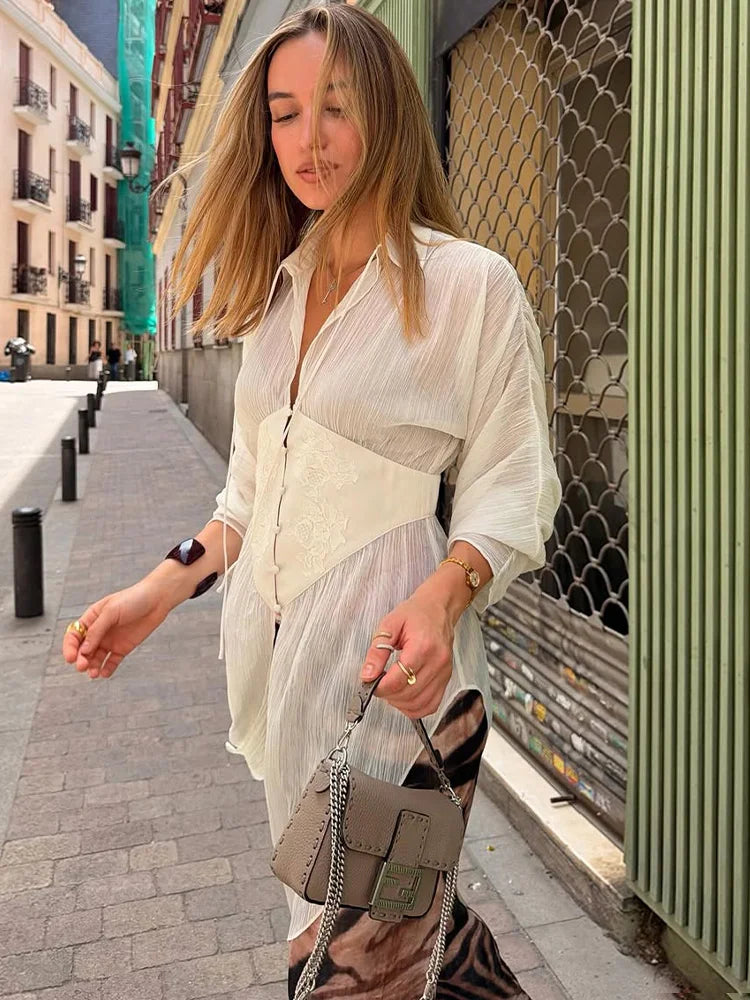 Vintage Crinkled Oversized Shirt Top Embroidery Corset Waist Cincher Blouse 2026 Spring French Layering Women Tops Streetwear