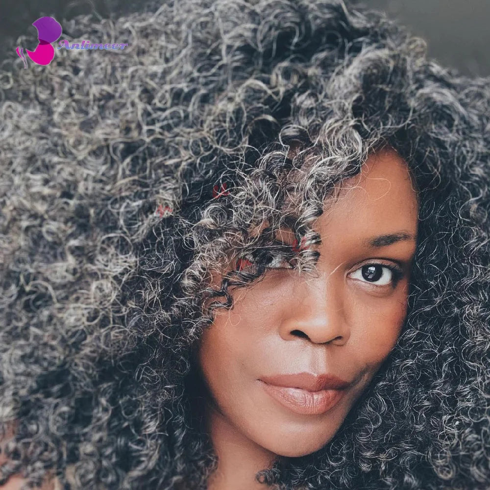 Natural Salt and pepper Colored Afro Kinky Curly Wig Natural Grey Hair With Grey and Black Mixed In