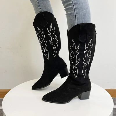 Embroidered Cowboy Boots for Women Knee High Midium Chunky Heel Pointed Toe Retro Classic Western Cowgirl Boots