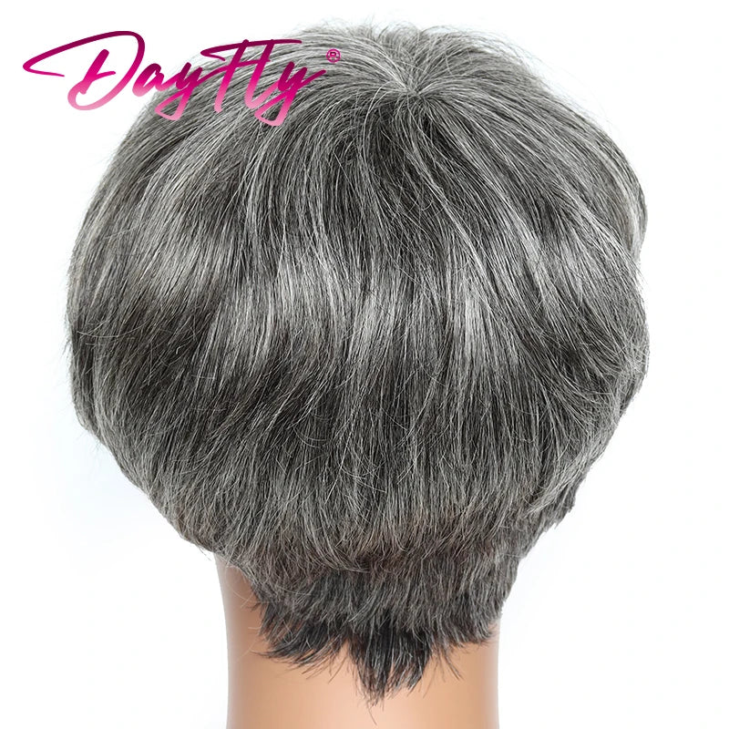 Brazilian Highlighted Hair Short Grey Pixie Cut Wig With Bangs