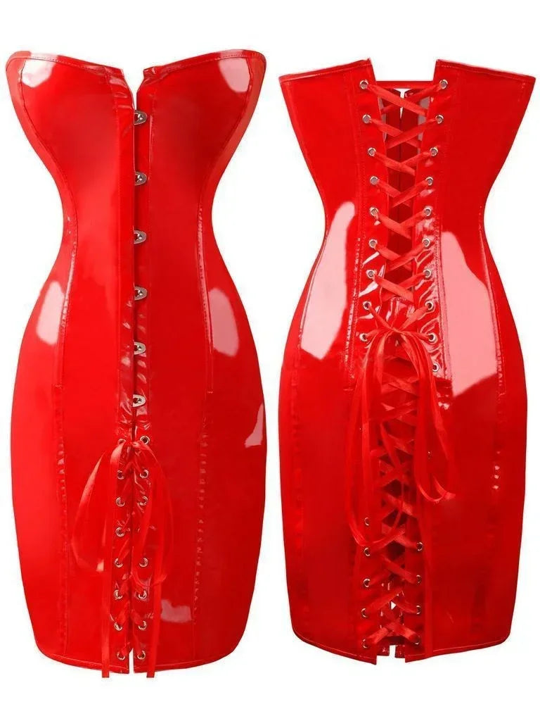 Women Steampunk PVC Corset Dress PU Leather Overbust Bustier Waist Tranier Nightclub Strapless Bodycon Dress