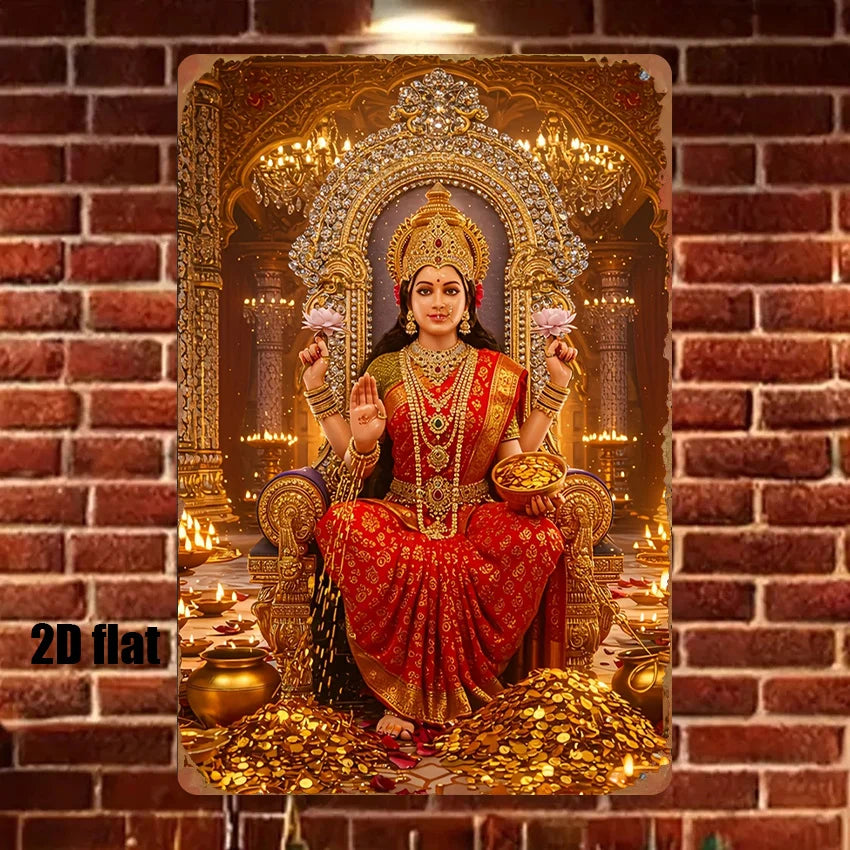 Metal Goddess Durga Lakshmi Statue - Iron Wall Art Decor with Gold Red Sari, 20x30cm Hindu Altar & Home Temple Decor, Spiritual