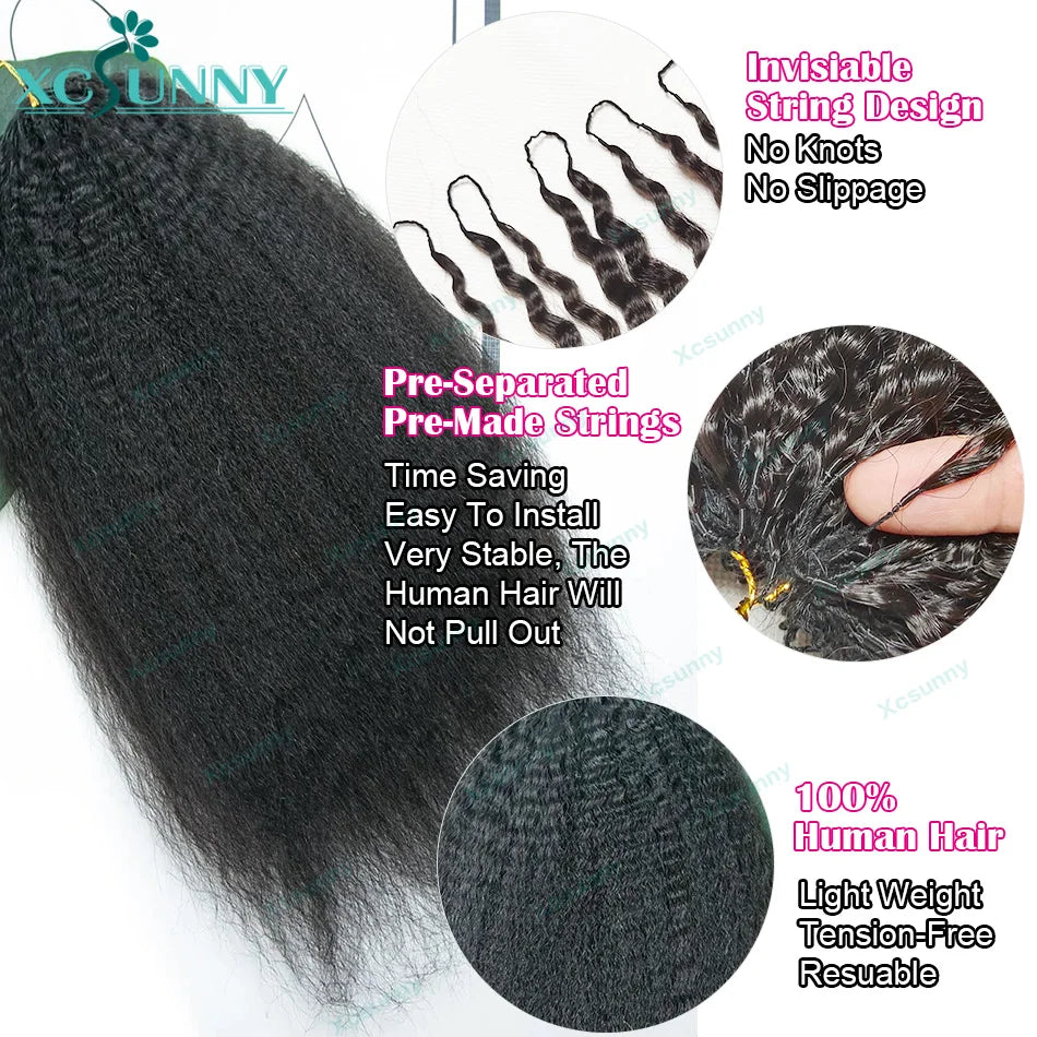 Human Hair Kinky Straight Pre-Separated Invisible Hair Extensions With String For Braids