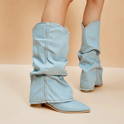 Pleated Block Heels Denim Boots Cowboy Boots