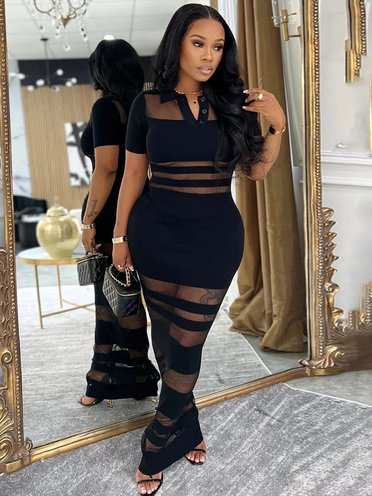 Beyprern Sheer Striped Polo Maxi Dress