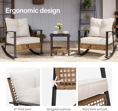 Rocking Wicker Bistro Set with Thick Cushions and 2-tier Coffee Table
