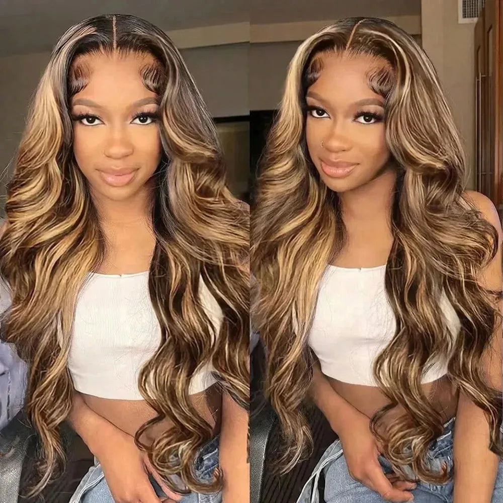 30 Inch Honey Blonde Lace Front Wig Human Hair Glueless Highlight Body Wave Lace Front Wigs Human Hair 250% Density Colored Human Hair Wig 13x4 HD Lace Frontal Wig For Women 4/27 Colored Color Pre Plucked With Baby Hair