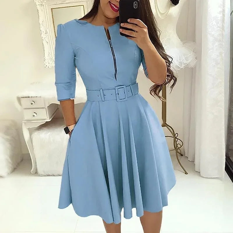 A-line Round Neck Printed Belt Dress Elegant Office Lady Zipper Dress