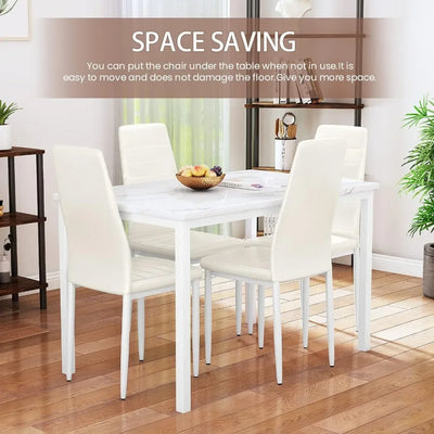 5-Piece Dining Table Set, Faux Marble Table with Upholstered Leather Chairs