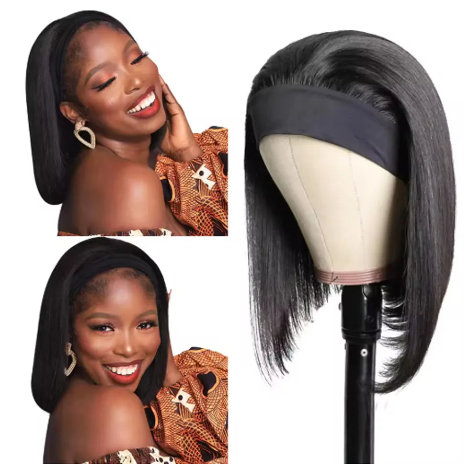 250% Short Bob Wigs Straight Headband Wig Human Hair Wigs for Women Ready To Wear Machine Made Headband Wig 3 In 1 Half Wig