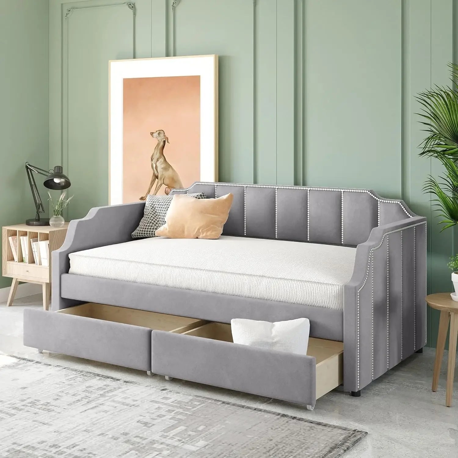 Upholstered Daybed with 2 Drawers, No Box Spring Needed