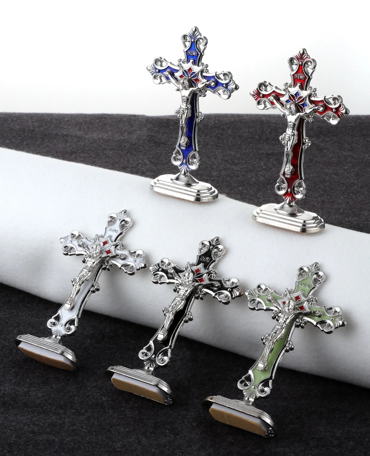 9 Colors Religious Holy Icon INRI Crucifix Stickable Base Table Cross Ornament Home Prayer Altar Decor Car Jewelry Display Stand