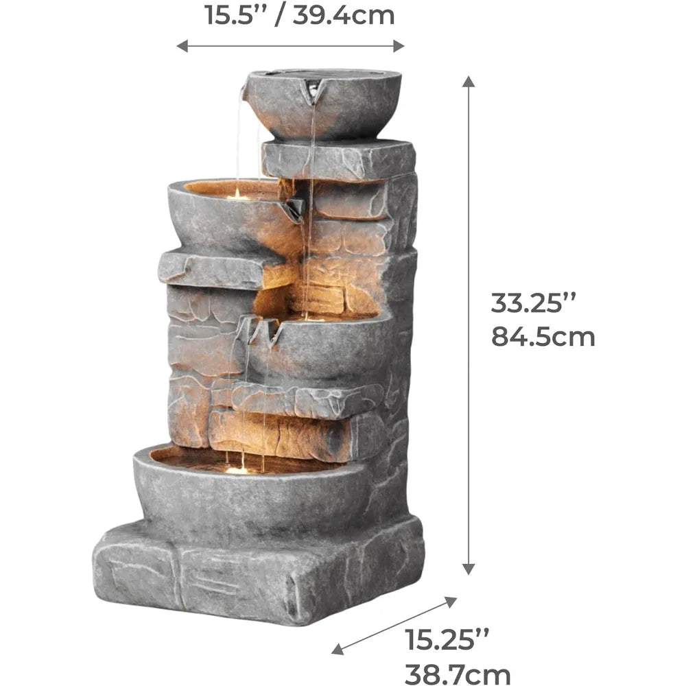 LED 4 Cascading Bowls and Stacked Stones Outdoor Water Fountain, 33.25 in