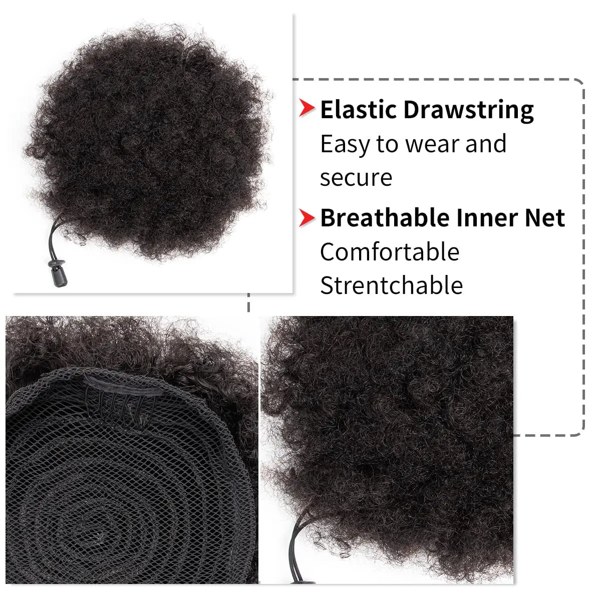 Human Hair Buns Ponytail Brazilian Afro Kinky Puffs Short Curly Drawstring Ponytail Extensions Natural Black Color For Women