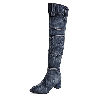 Sexy Jean Boots Women's Knee-High Boot Zipper 6CM High Heel Woman Stylish Jeans Boots