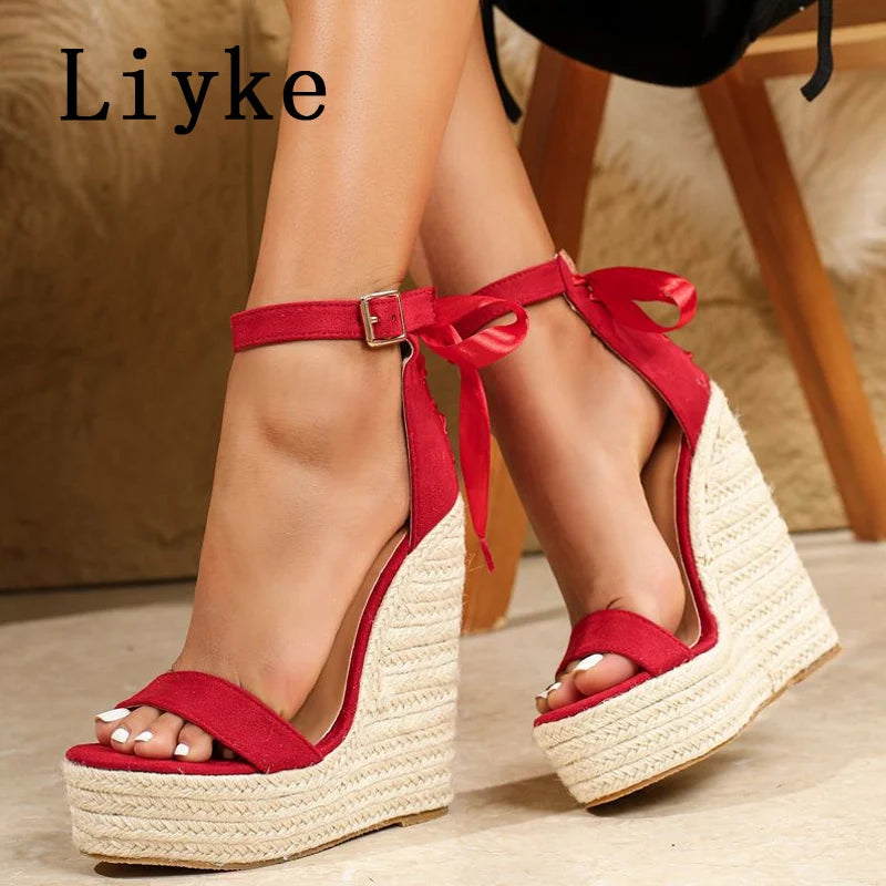 Liyke Summer Platform Sandals Women Handmade Straw Rope Weave Wedges Shoes Fashion Open Toe Buckle Lace Up Super High Heels Red