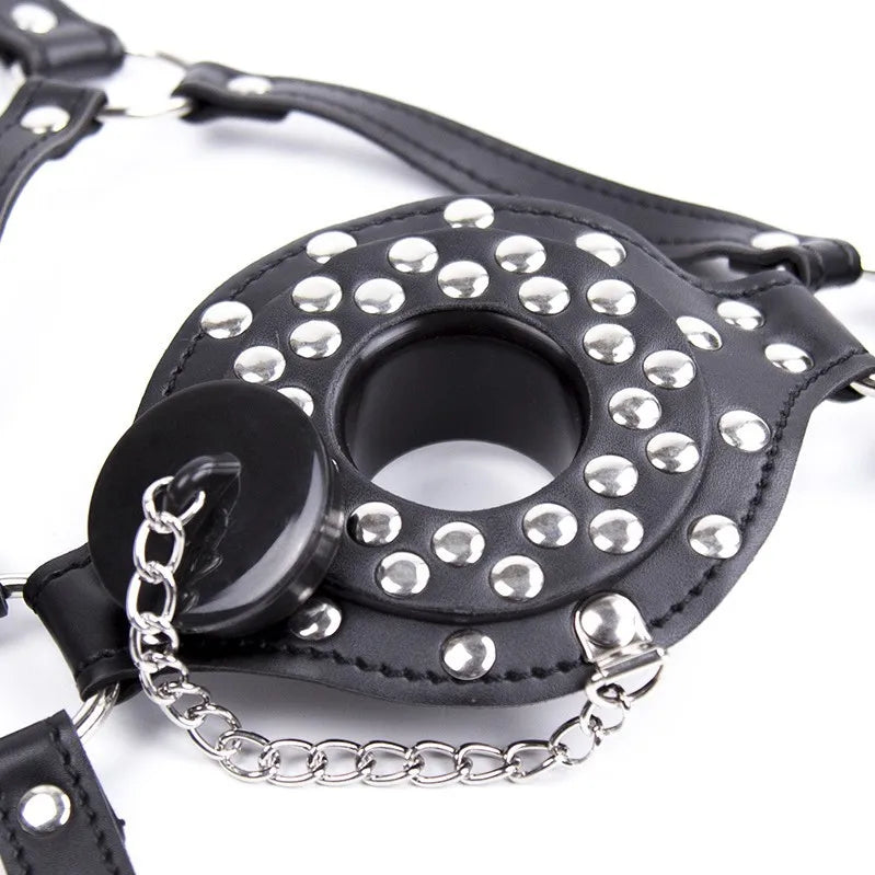 Fetish Head Harness with Mouth Gag & Removable Cover Drool Gag BDSM Slave Bondage Gear Adult Sex Toy for Role Play Games Tool