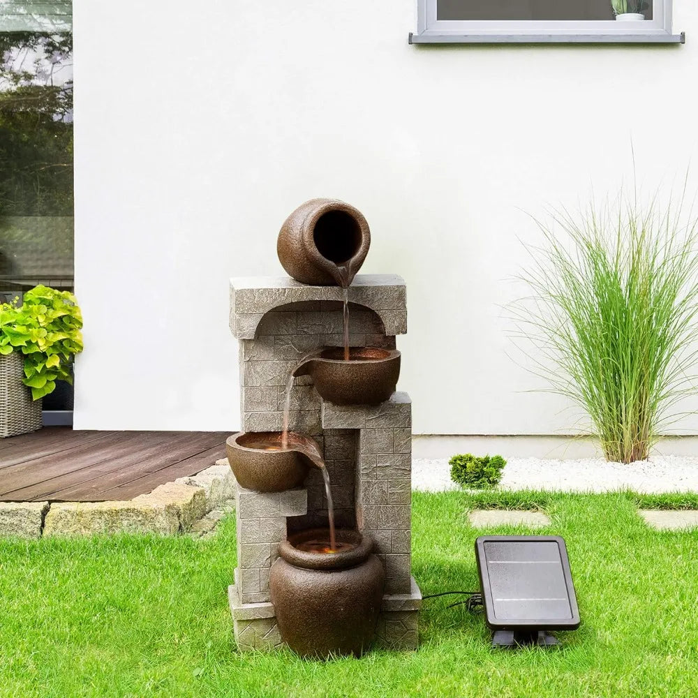 Cascading Bowls and Stacked Stone LED Outdoor Water Fountain