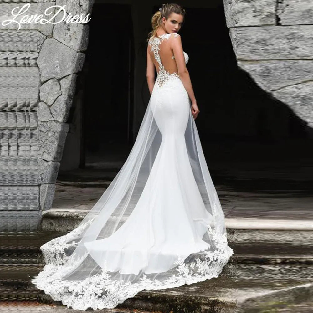 lace see through back wedding dress See-through Lace Wedding Dresses with Flounced Sleeves loveangeldress