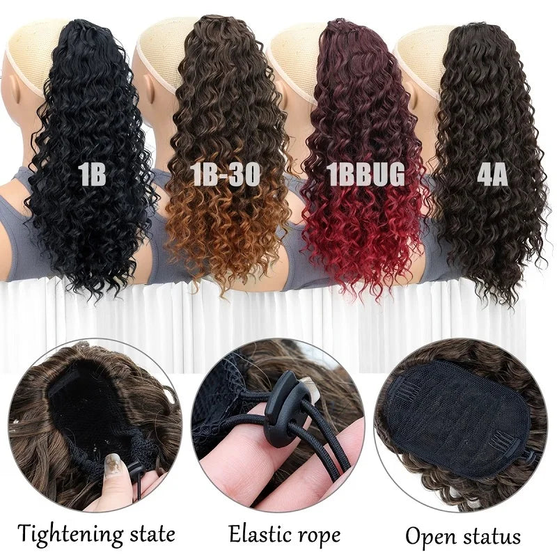 Synthetic 18Inch Long Kinky Curly Ponytail Drawstring Clip in Hair Extension Puff Afro Black Brown Hairpiece for Women