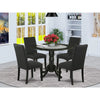 5-piece Round Wood Table with Pull-down Leaves and 4 Fabric Cushioned Chairs