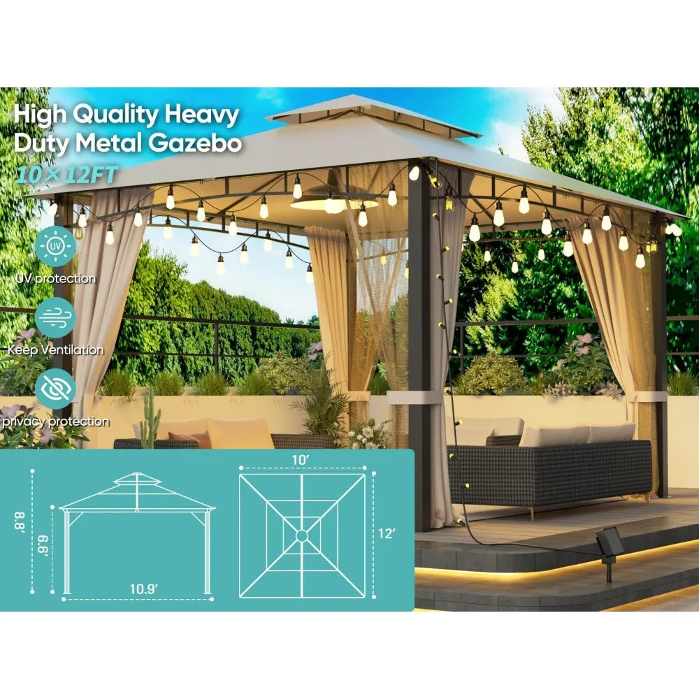 10x12, Heavy Duty Soft Top Gazebos Canopy with Double Roofs, Anti-UV with Privacy Curtains and Netting