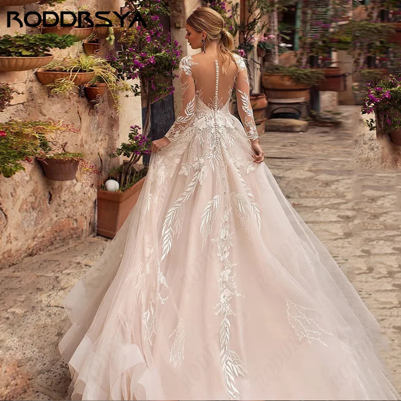 RODDRSYA Luxury A-line Wedding Dress For Bride Long Sleeve Appliques Princess Vestidos De Noiva Illusion Button Back Customized