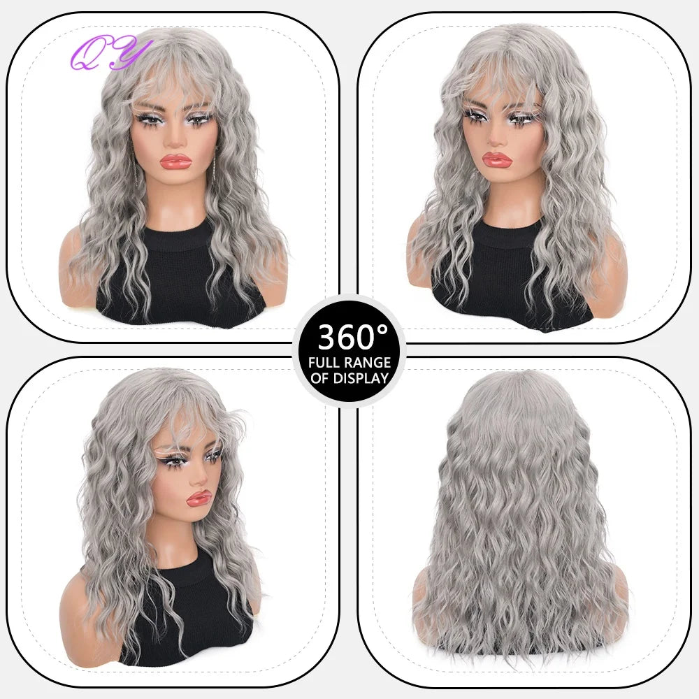 Silver Gray Wavy Synthetic Wig With  Bangs for Woman, Flattering All Face Shapes, For Daily, Parties & Cosplay Use