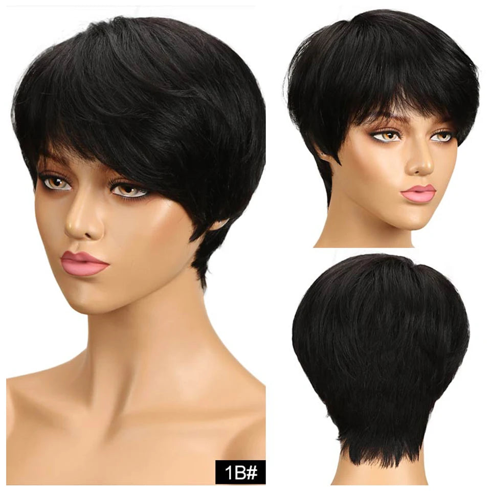 Glueless Short Pixie Cut Wig Human Hair Ready to Wear Brazilian Human Hair Wigs for Women  Black Brown Red Full Machine Wigs