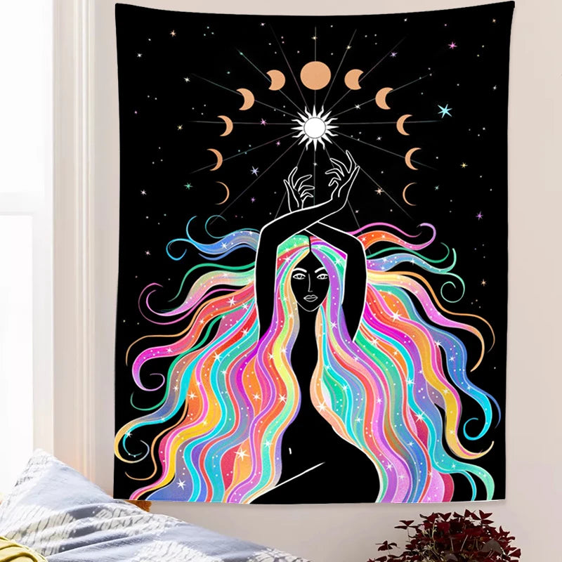 Indian moon phase girl mandala tapestry wall hanging