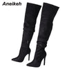 Pointed Toe Thin Heel Over Knee Boots Flock Splicing Side Zipper Chelsea Boots