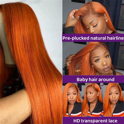 Ginger Orange Bone Straight Brazilian Human Hair- Pre Plucked Transparent Lace
