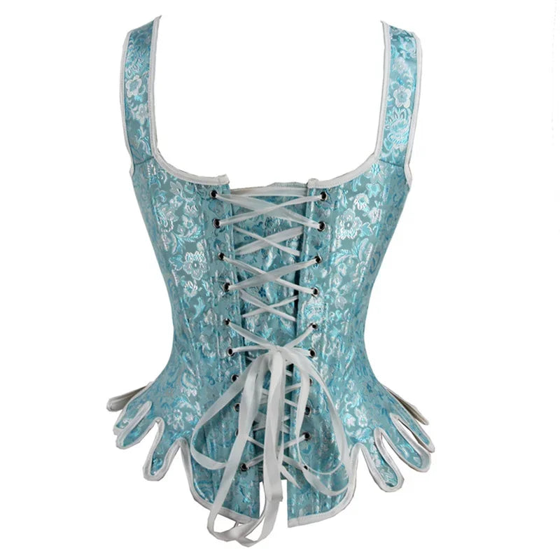 Women Vintage Corset with Shoulder Straps Black Blue Jacquard Overbust Bustier Vest Medieval Steampunk Corset Top