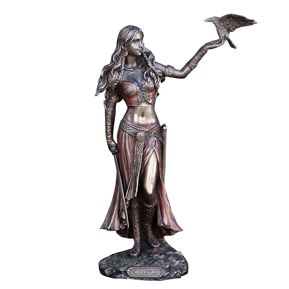 Morrigan The Celtic Goddess of Battle with Crow and Sword, Bronze Finish Statue