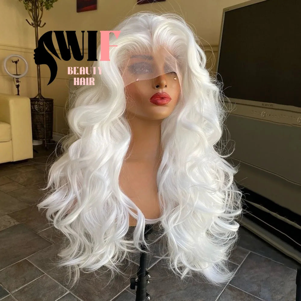 WIF White Wave Hair Synthetic Wig for Women Body Wavy Natural Hairline Heat Fiber Lace Front Wigs Cosplay Makeup Use White Wig