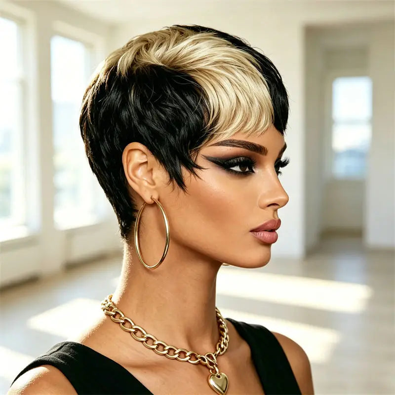 Pixie Cut Short Human Hair Wig Half Black Half Blonde Style Full Machine Made Wig Fashion Easy Wear Great For Women Daily Use