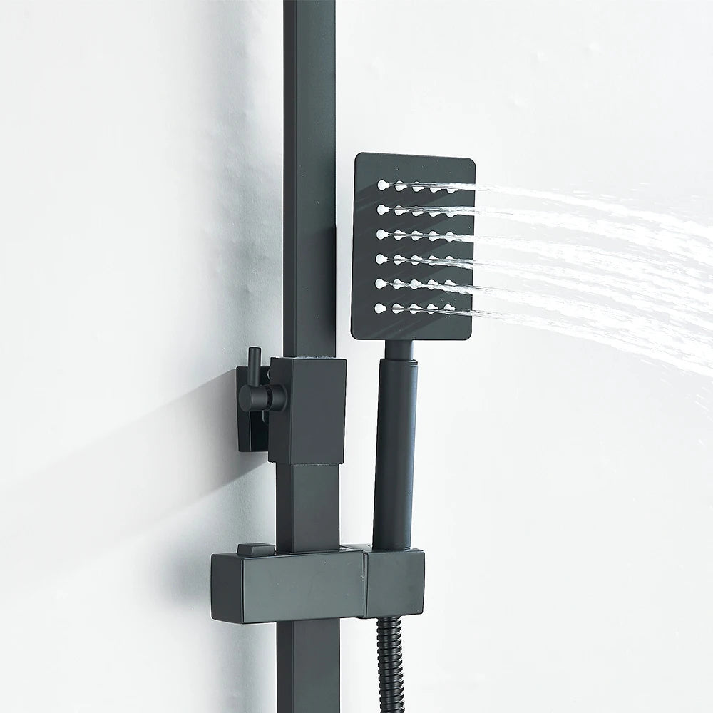 Black Luxury Bathroom Shower Faucet Wall Mounted Swivel Spout Shower Set Square Rainfall Water Tap Mixer System Hot Cold Taps