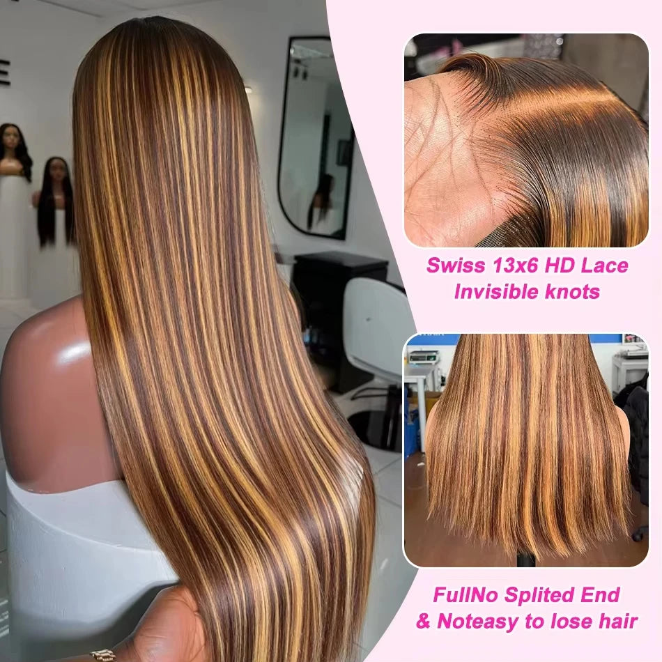 32 Inch 5x5 Straight Highlight HD Lace Front Human Hair 4x4 13x4 Lace Frontal Wigs 4/27 Ombre Honey Blonde Color Wig For Women