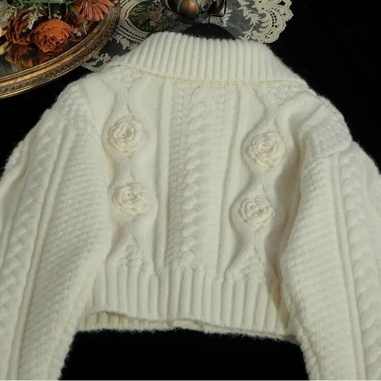 Winter French Retro Sweet White Sweater Top High Waist Slimming Wrap Hip Mini Skirt Sets Knitwear Two Piece Set Women Outfits