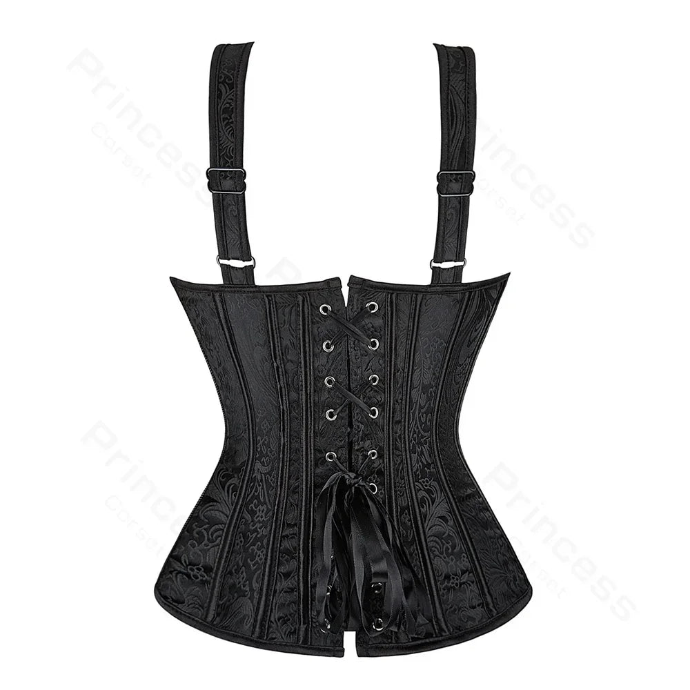 With Cup Top Vintage Steampunk Corset With Straps Overbust Zipper Side Straps Overbust Corset Waist Trainer Bustier Plus Size