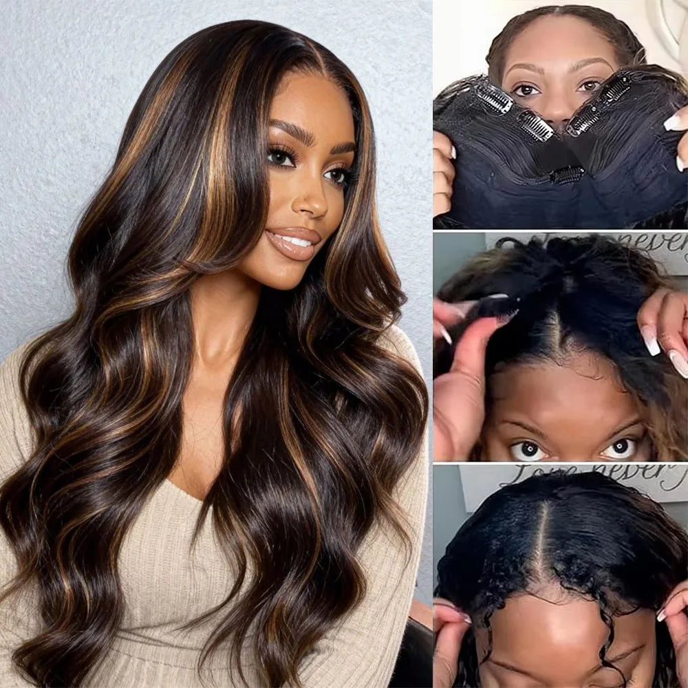 36 Inch Highlight Body Wave V Part Wig Human Hair Ombre 1B30 Colored Vpart Wigs for Women Beginner Friendly Wear and Go Glueless Hair Wigs No Glue Needed No Lace Cut V Shape Human Hair Wigs Long Wavy Virgin Remy Hair Extensio