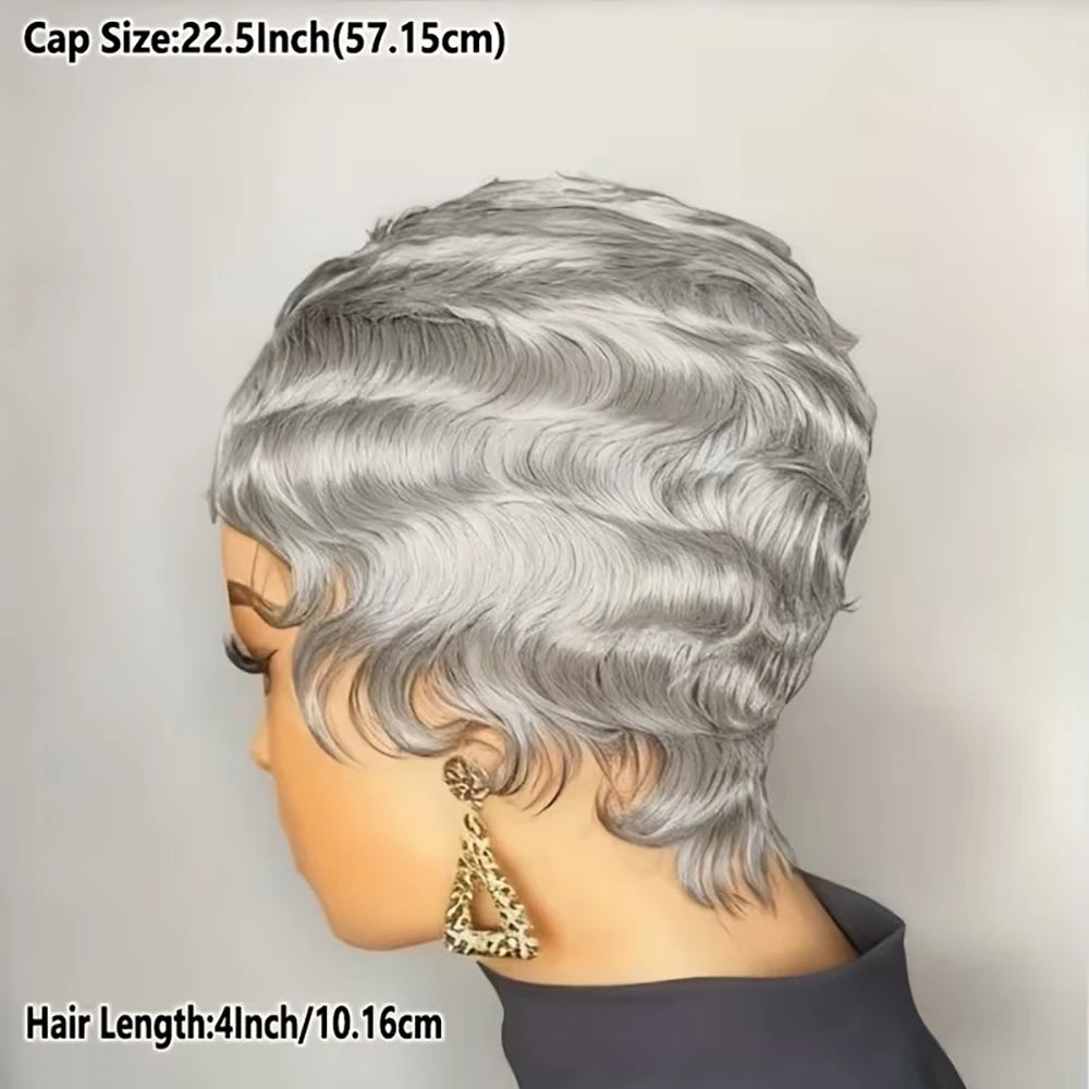 Silver Grey Finger Wave Human Hair Wigs Short Pixie Cut Wig for Women Bazilian Remy Hair Machine Made Cap 100% Human Hair Wigs
