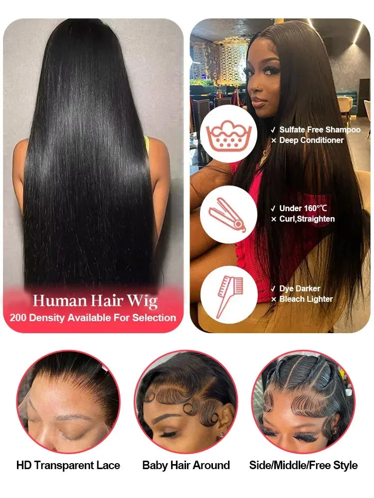 250 Density 100% Human Hair Straight 13x6 HD Lace Front Wig 5x5 Glueless 40 Inch 13x4 Lace Frontal Wigs Black Closure Brazilian