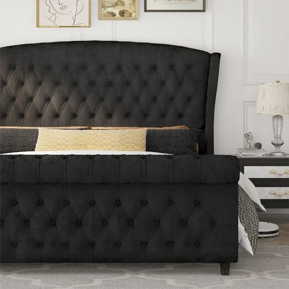 Velvet Upholstered Bed Frame with Rolling Wing Back, No BoxSpring Required